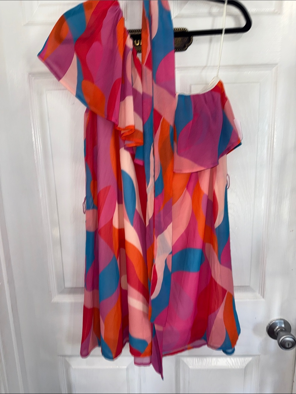 Flying Tomato Pink Orange Blue Abstract One-Shoulder Dress - Picture 6 of 6